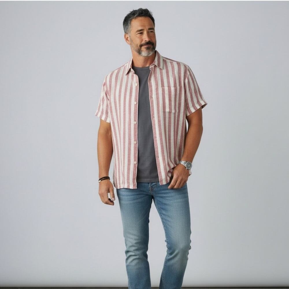Banana Republic 100% Linen Striped Shirt Vintage Men's Sz S Red Striped Y2K